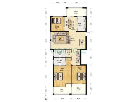 蔚兰星城 3室2厅2卫 125平方