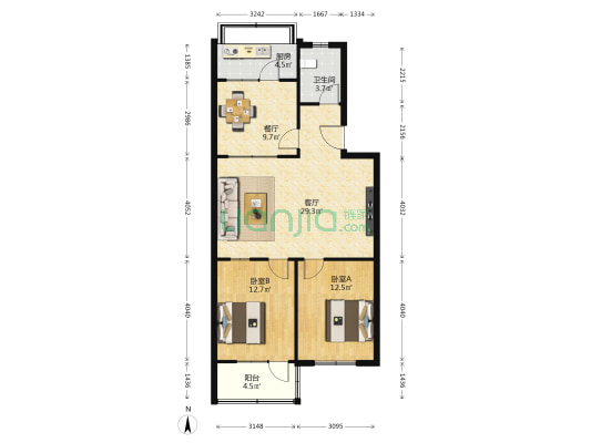职教中心宿舍 2室2厅1卫 92平方