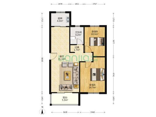 三角花园赵家墩 2室1厅1卫 101平方