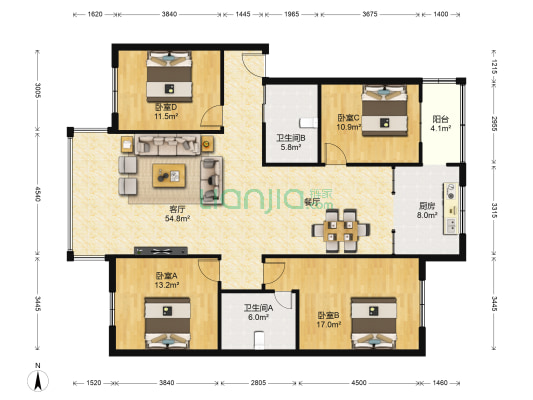 碧鸡花园 4室1厅2卫 152平方