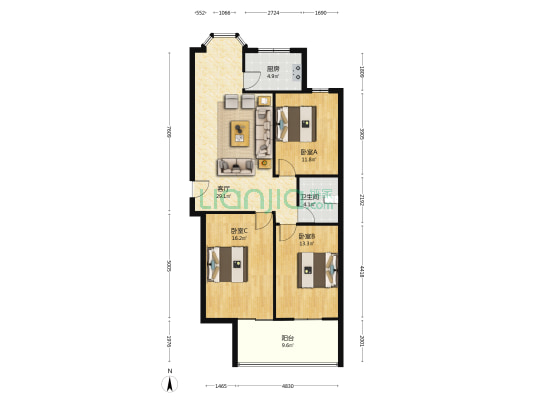 德信公园西侧，名流五期 大三居，集体供暖，低楼层-户型图