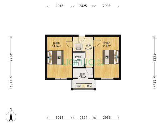 中环十六区 2室1厅1卫 66平方