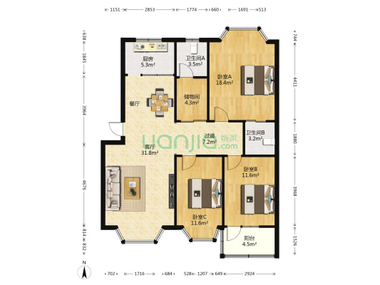 丽江村小区 3室1厅2卫 112平方