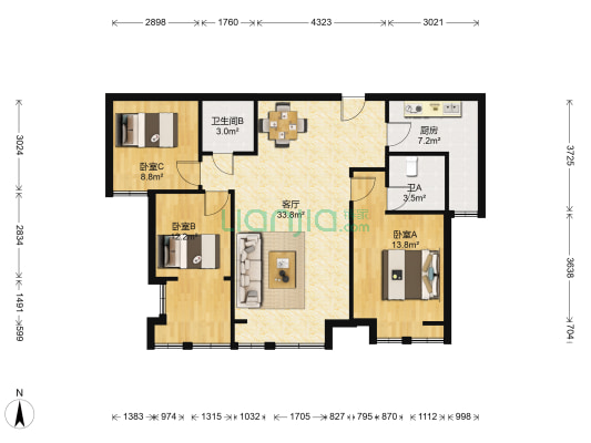 翡翠外滩 3室1厅2卫 110平方