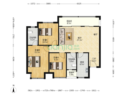 西府丽晶 3室1厅2卫 117平方