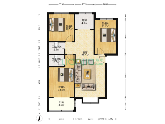 翔天万和城 精装大三居 带车位带地下室-户型图