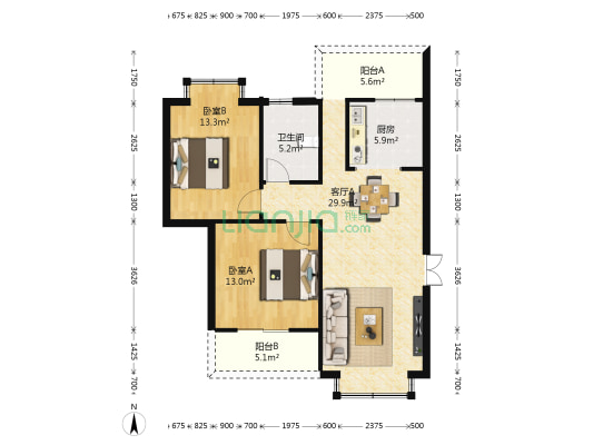 山海苑 2室1厅1卫 93平方