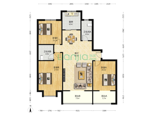 滨河明珠小区 3室1厅2卫 155平方