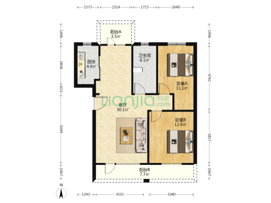 瀚林苑 2室1厅1卫 89平方