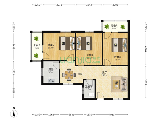 纺织品大院住宅楼 3室1厅1卫 100平方