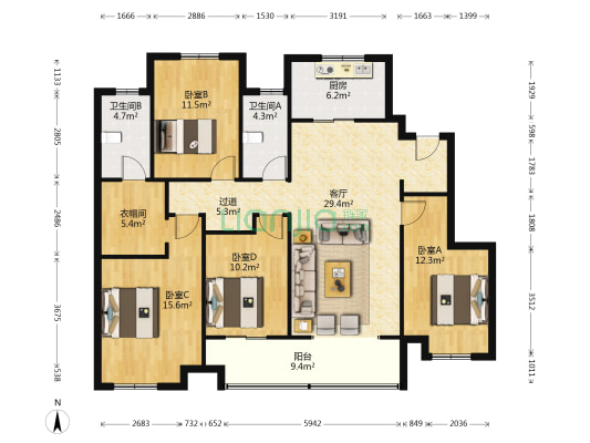万科翡翠湖山 4室1厅2卫 147平方