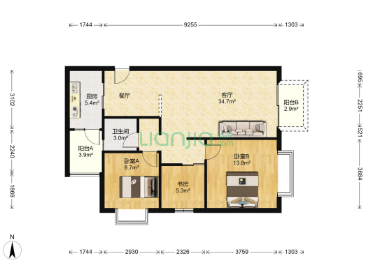 翡翠湾 3室1厅1卫 89平方