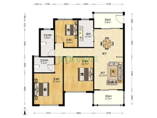 香山新风景 3室1厅2卫 113平方