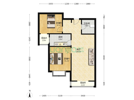 全阳两居，户型方正，中间楼层，花园小区，封闭管理-户型图