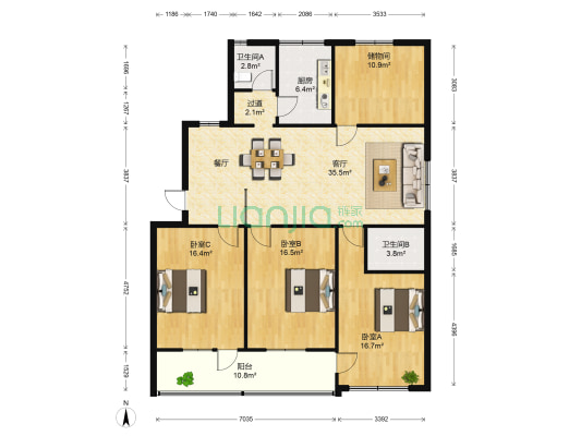八角亭东一区 3室1厅2卫 135平方