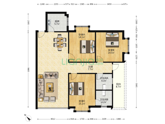 阳光美地 3室1厅2卫 124平方