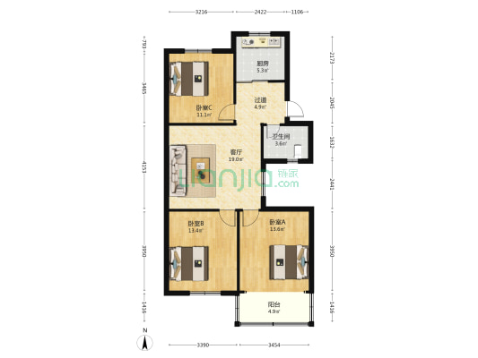 四马路 3室1厅1卫 90平方