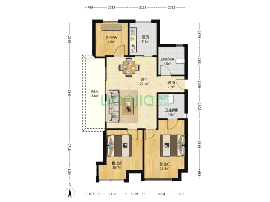 耀海苑西区 3室1厅2卫 101平方