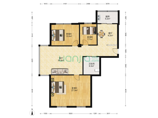 锦江花园四区 3室2厅1卫 138平方