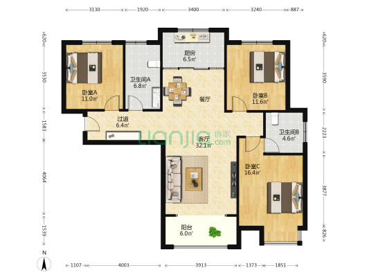 宇龙花城 3室1厅2卫 130平方
