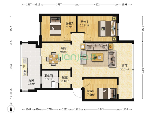 云南省质检院 3室2厅1卫 81平方