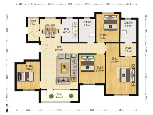 鲁发公园道1号 4室1厅2卫 151平方