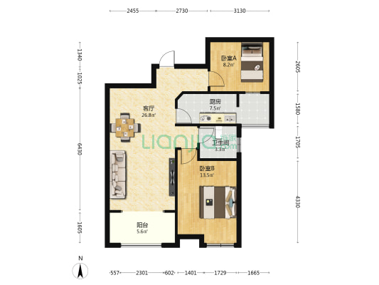 富地学府公园一期 2室1厅1卫 89平方