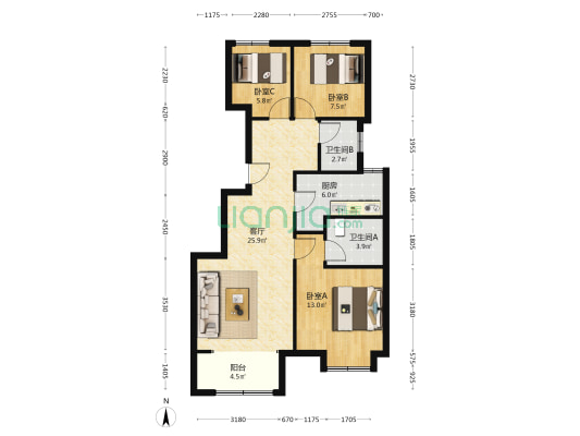明德园 3室1厅2卫 101平方