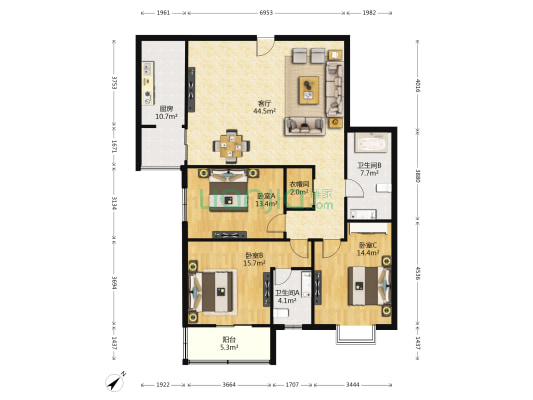 现代花城 3室1厅2卫 147平方