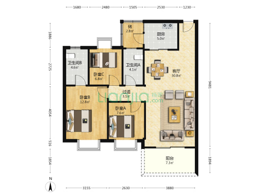 颐景花园 3室1厅2卫 107平方