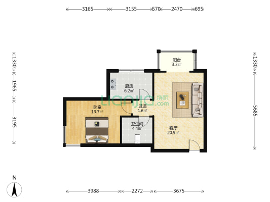 七星花园 1室1厅1卫 68平方