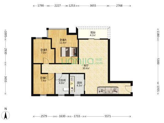 怡丰阳光大厦 3室1厅1卫 88平方