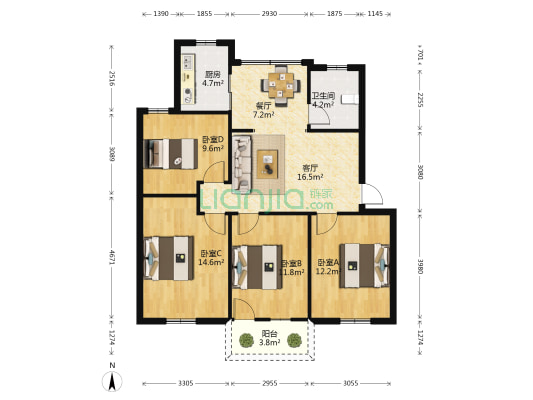 凤岭干休所 4室2厅1卫 103平方
