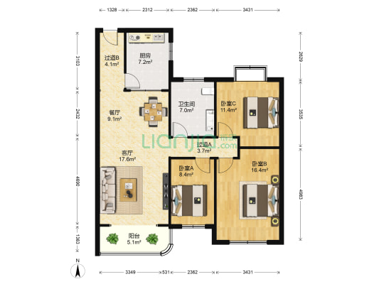 晨报公寓 3室2厅1卫 115平方