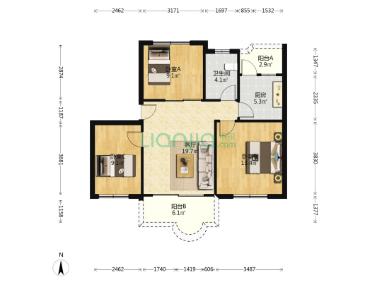 渝景湾花园一期 3室1厅1卫 79平方