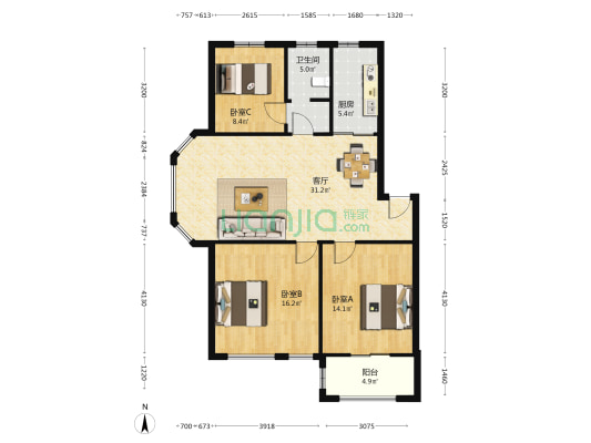 周韩馨园 3室1厅1卫 102平方