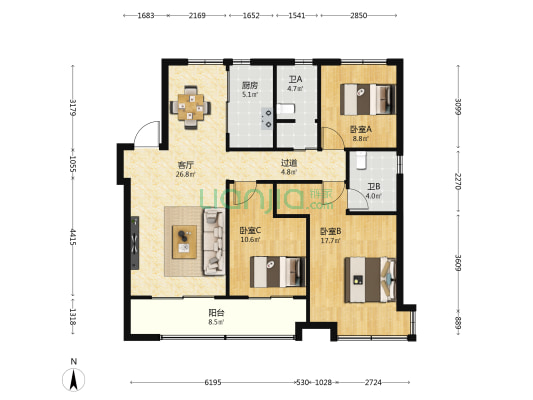 万科翡翠书院B区 3室1厅2卫 132平方