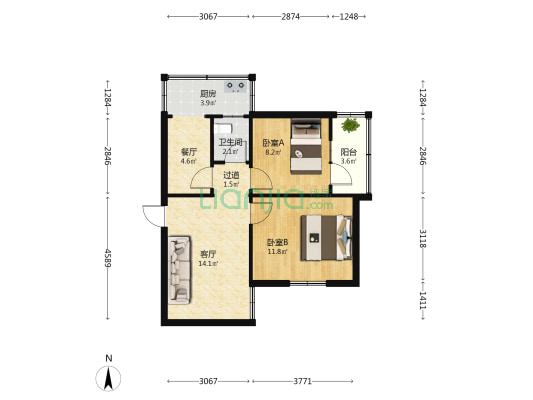 曙光街2号院 2室2厅1卫 55平方