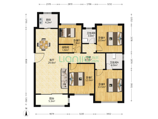 四季原著 4室1厅2卫 125平方