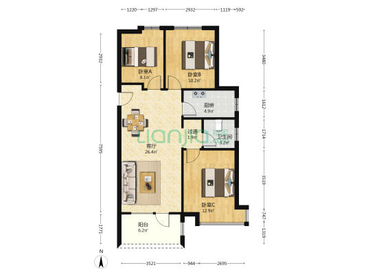 阿尔卡迪亚·花语馨园 3室1厅1卫 107平方