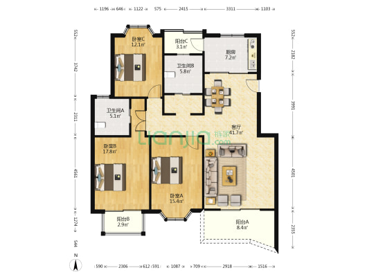 龙柏西郊公寓 3室1厅2卫 138平方