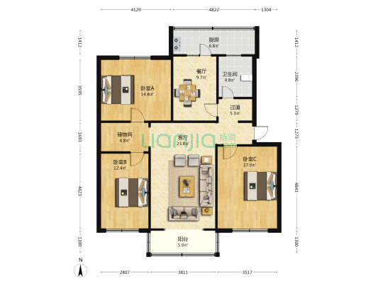 纺织进出口宿舍 3室2厅1卫 121平方