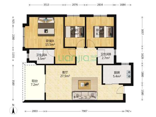 万科珠江东岸六期 3室1厅2卫 86平方