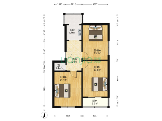 干休所 3室0厅1卫 74平方