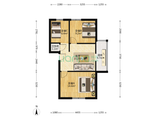 沙沟路2号 3室1厅1卫 65平方