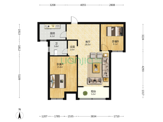 金域蓝湾 2室1厅1卫 92平方