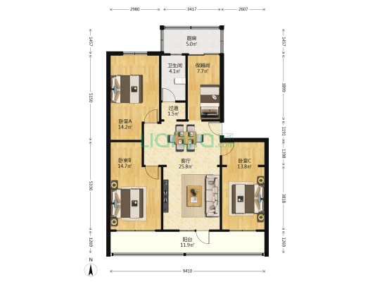 二机厂家属院（排洪南路） 3室1厅1卫 117平方