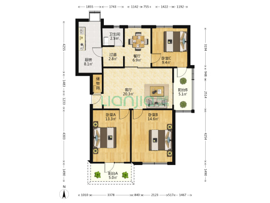 党校宿舍（长港路） 3室2厅1卫 107平方