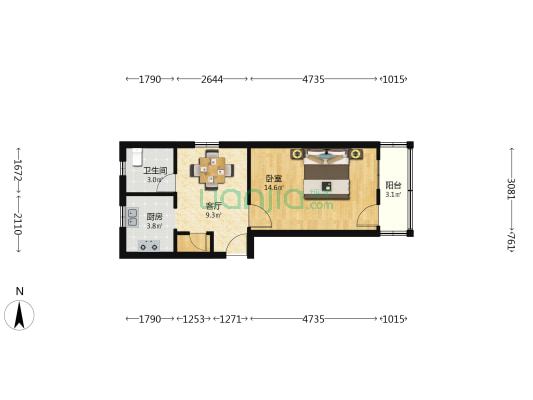 人民西路124号 1室1厅1卫 45平方