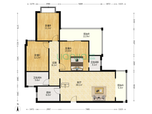 爱家天地B区 3室1厅2卫 128平方